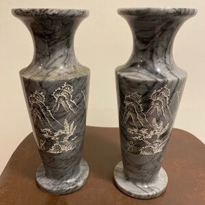 Vintage Japanese Vases - Set Of 2 - Etched Marble/Onyx 8”, Grey/white